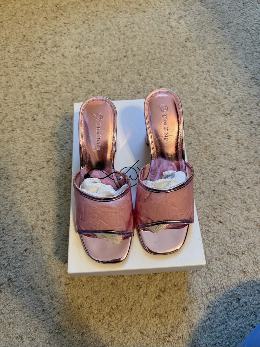The Drop Pink Metallic Clear Strap Block Heel Mules Size 6